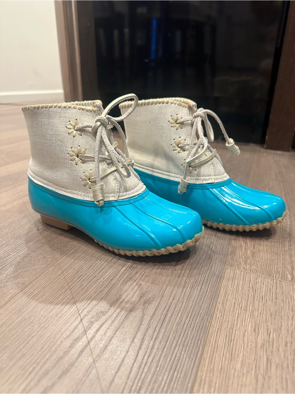NWT Jack Rogers Chloe Duck Rain Boots Blue Gold Metallic Size 7 Preppy Turquoise